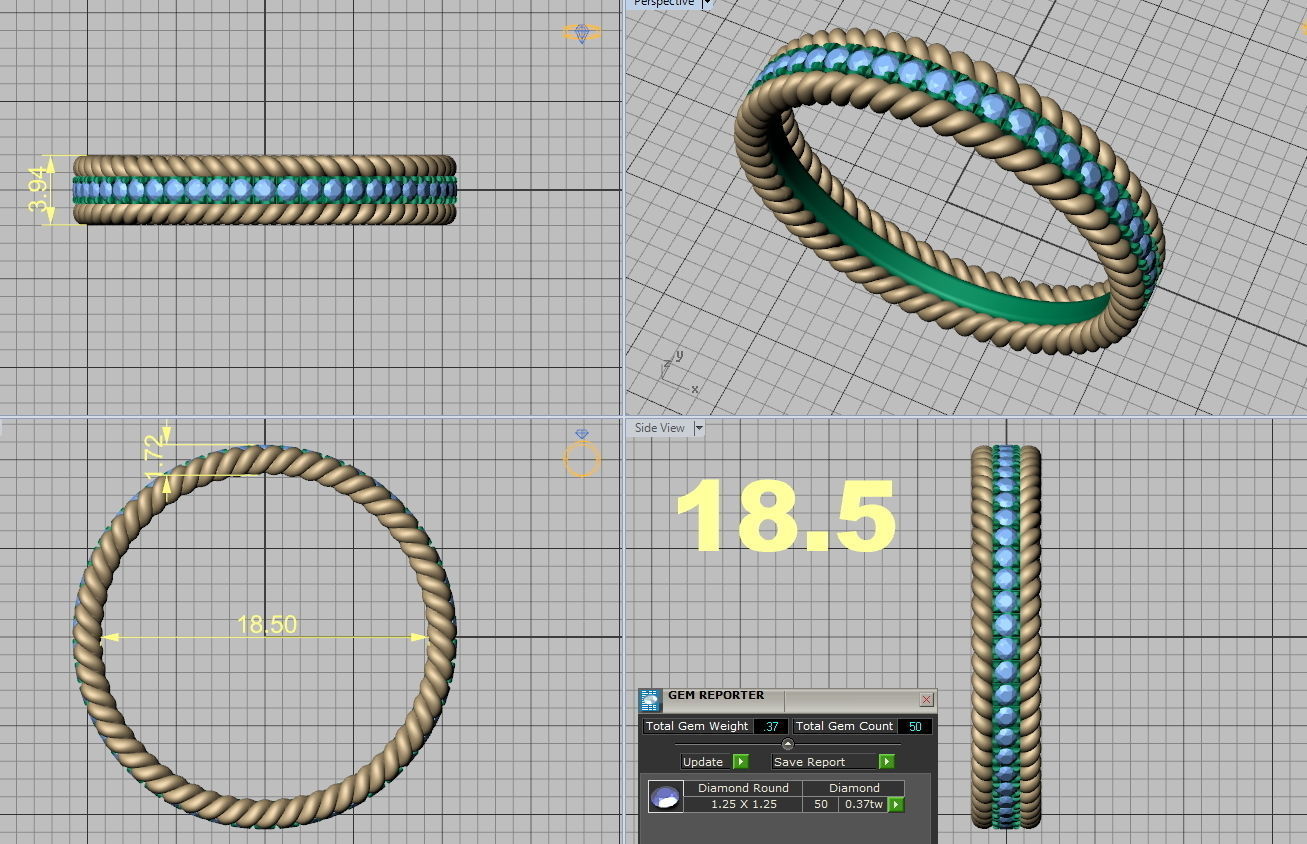 Rope Diamond Band Ring 3dmodel Three finger size 3D print model_13