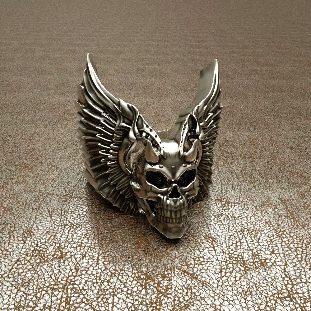 Wingued skull ring 3D print model_0
