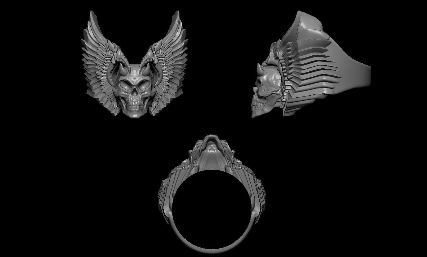 Wingued skull ring 3D print model_4
