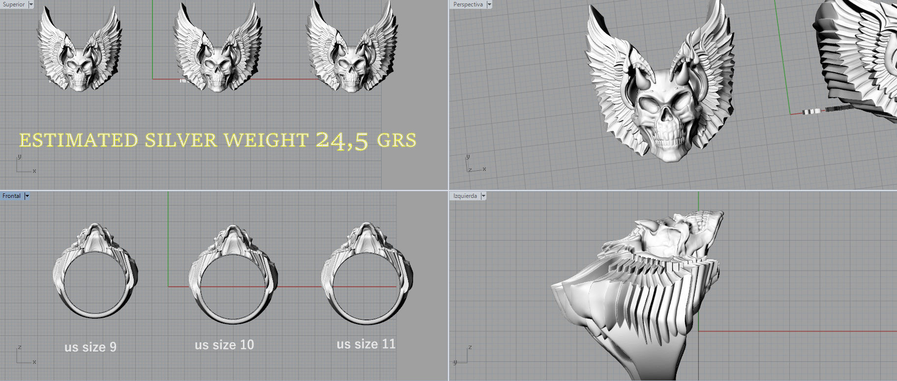 Wingued skull ring 3D print model_5