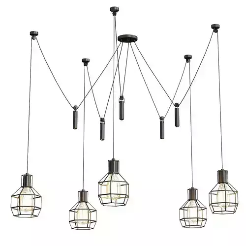 Modern five pendant lights hanging from metal cage