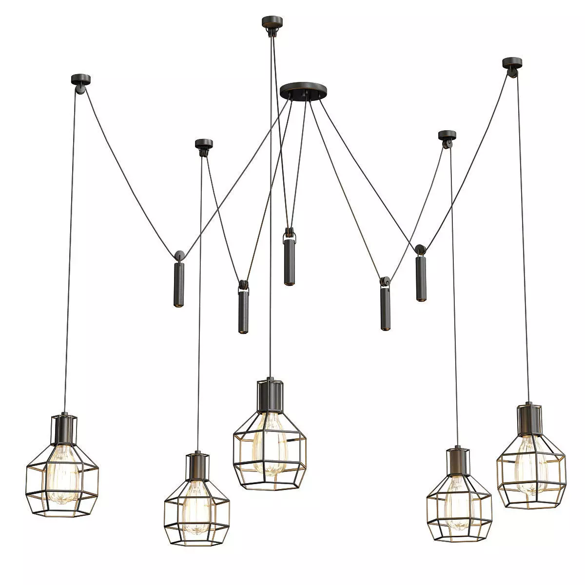 Modern five pendant lights hanging from metal cage 3D model_0