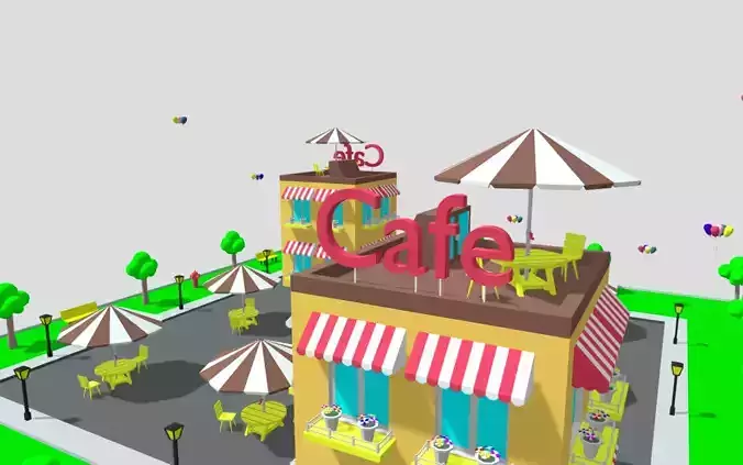 Low Poly City Cartoon Cafe