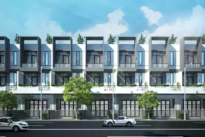 Modern shophouse with landscape rendering by v-ray  Low-poly 3D model