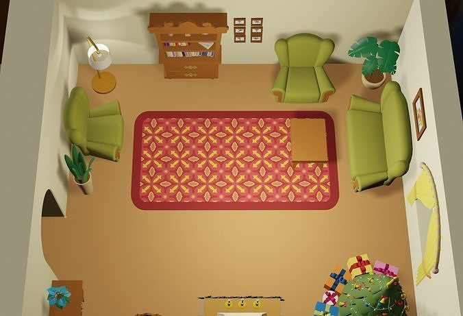 Cartoon Christmas living room Low-poly 3D model