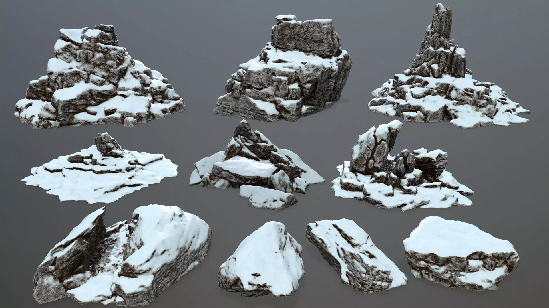 Rock set with snow Low-poly 3D model_0