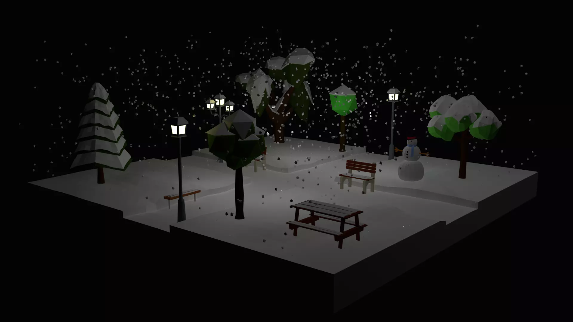 Low Poly Cartoon Winter Park at Night Low-poly 3D model