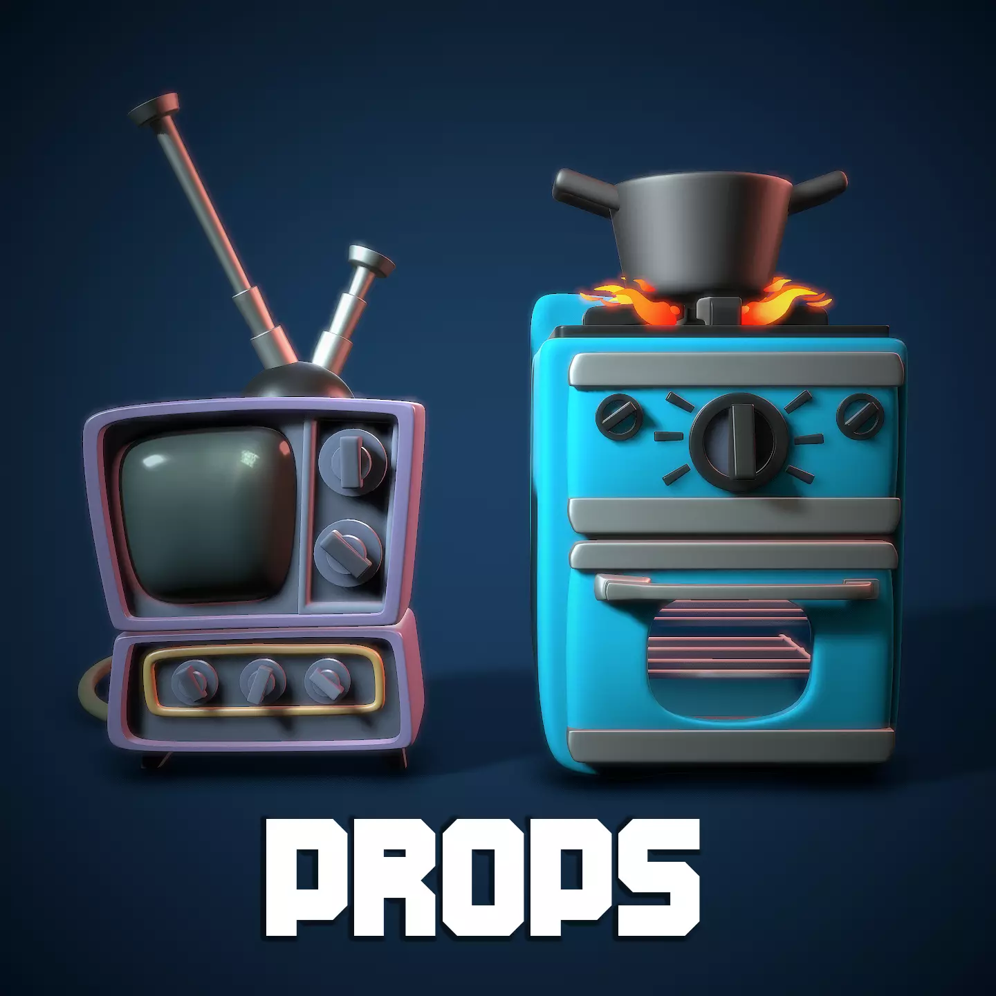 Oven and TV Stylized Props Low-poly 3D model