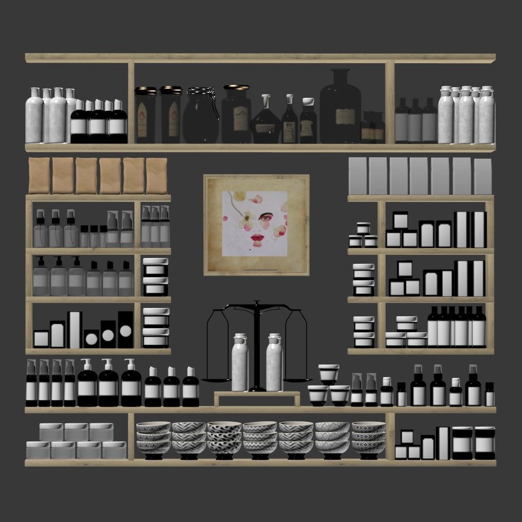 Cosmetic Set cosmetics store with shelves and bottles 3D model_2