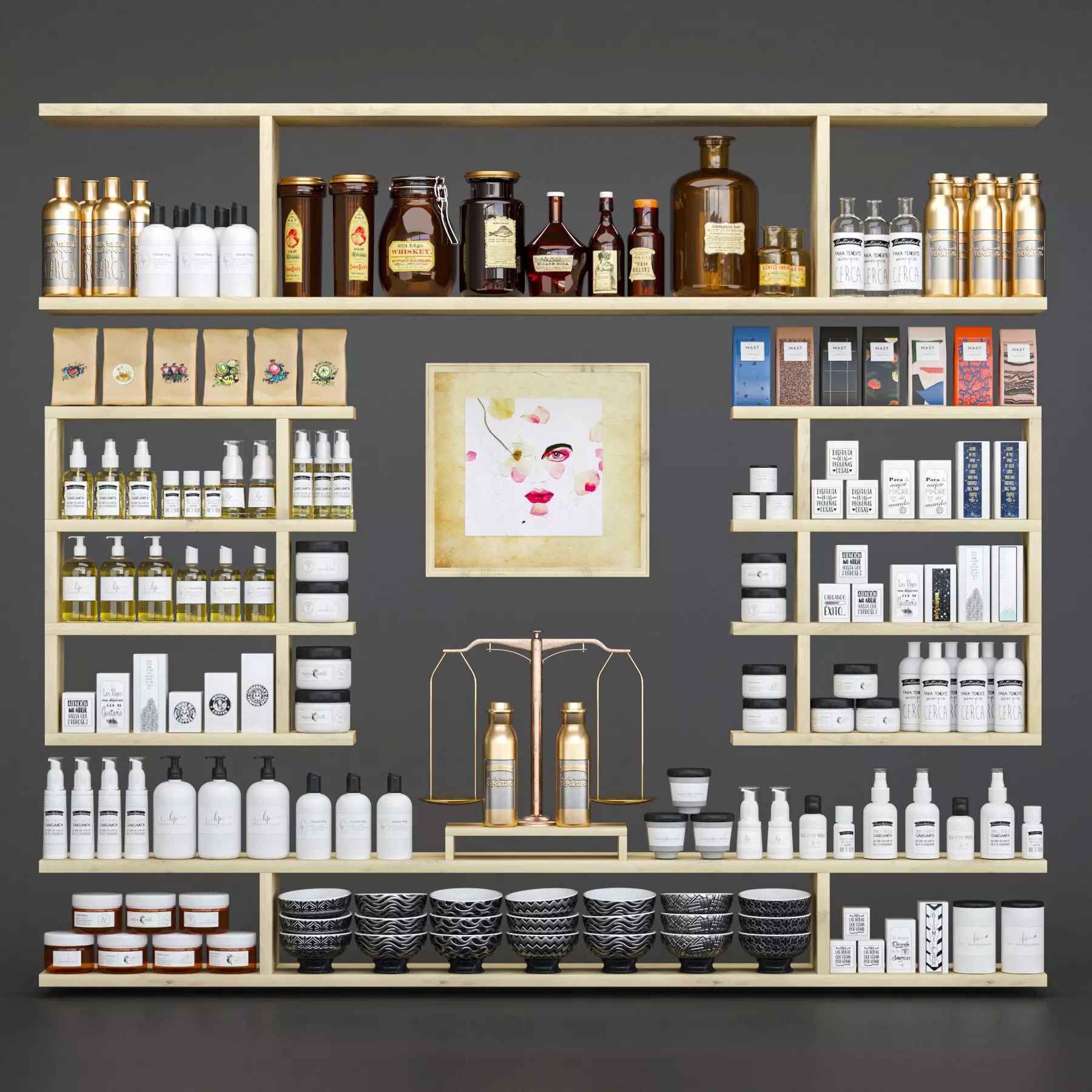 Cosmetic Set cosmetics store with shelves and bottles 3D model_0