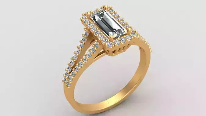 Rectangular Step Cut Halo Engagement Diamond Gold Ring