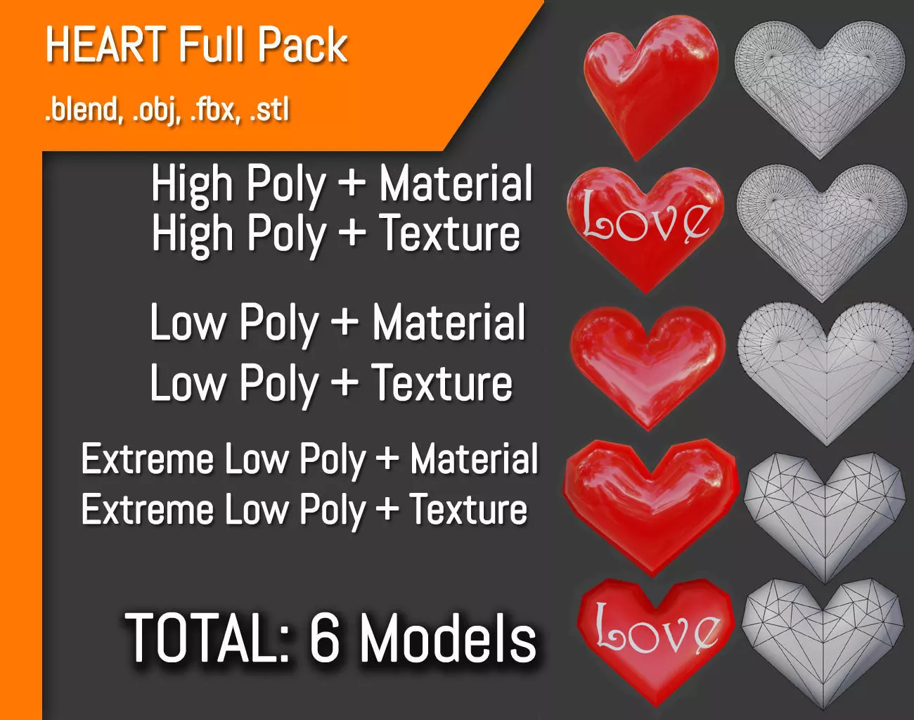 Heart Full Pack - 6 Models - High Poly to Low Poly 3D Model Collection_0