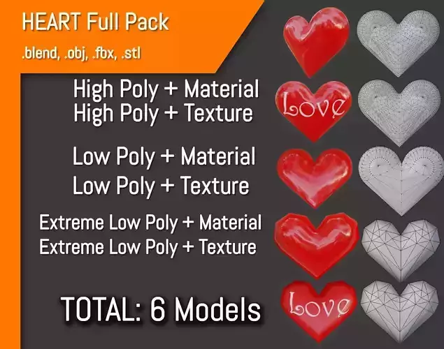 Heart Full Pack - 6 Models - High Poly to Low Poly 3D Model Collection