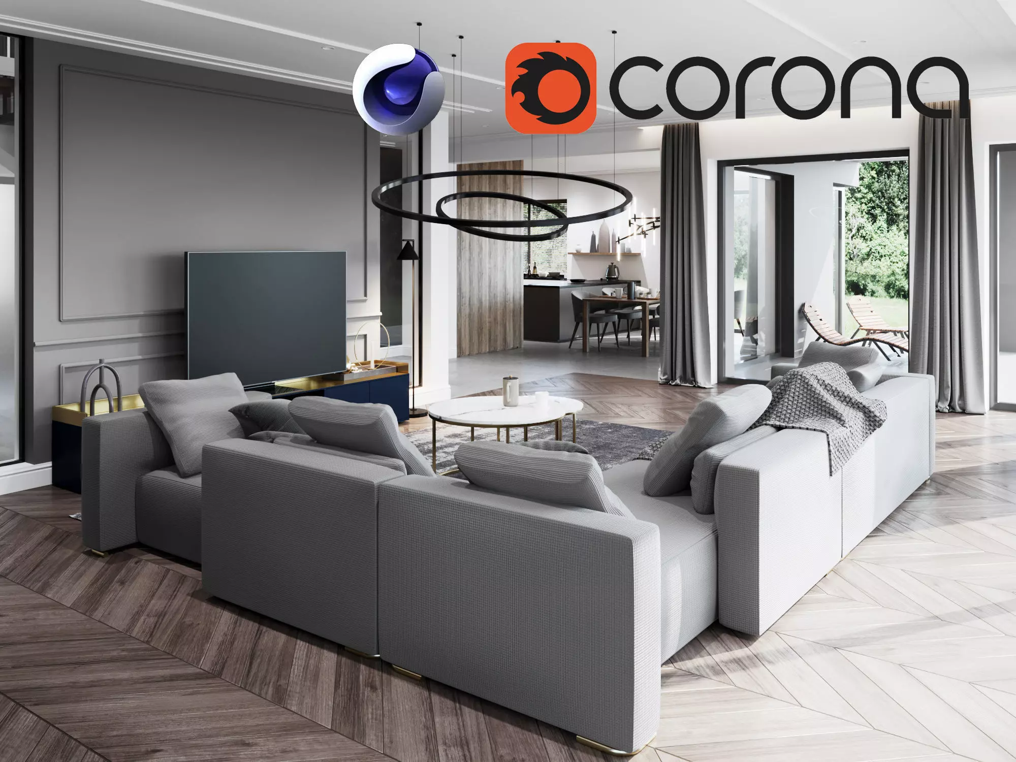 Living Room and Kitchen Scene for Cinema 4D and Corona Renderer 3D model_0