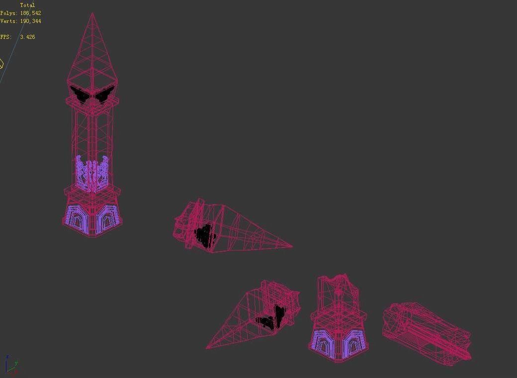 Stone tower with three spikes 3D model_6