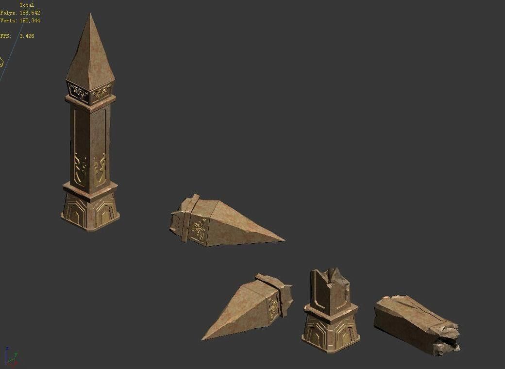 Stone tower with three spikes 3D model_5