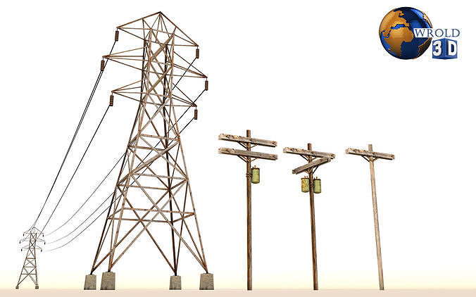 Lowpoly Electric Power Line Pole 3D Model Low-poly 3D model