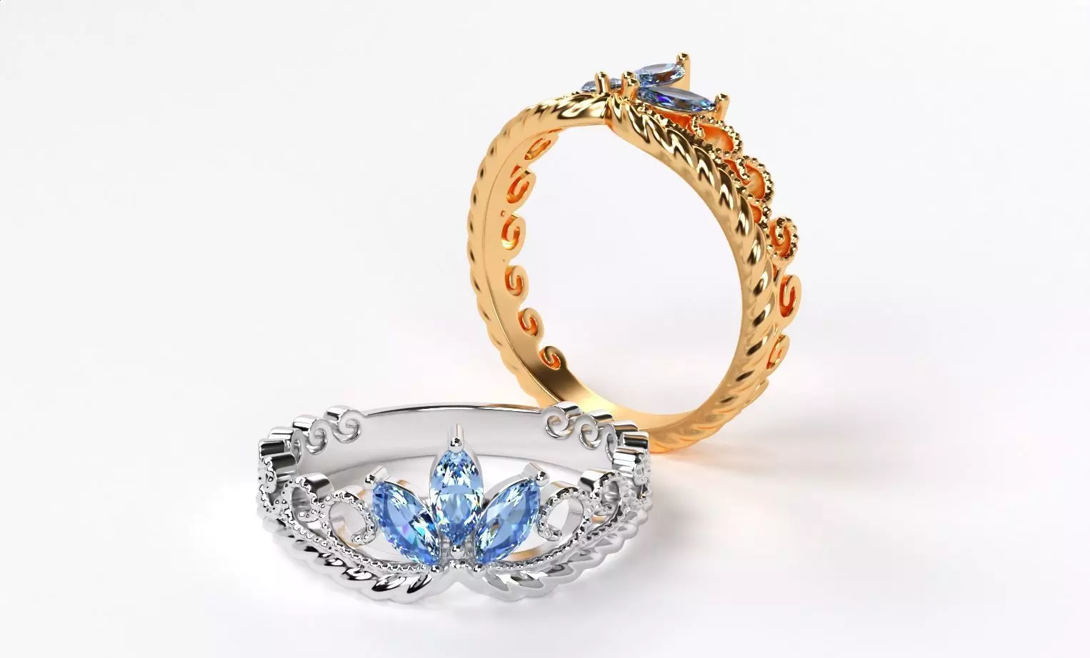 beautiful crown ring with marquise shaped stones 3D print model