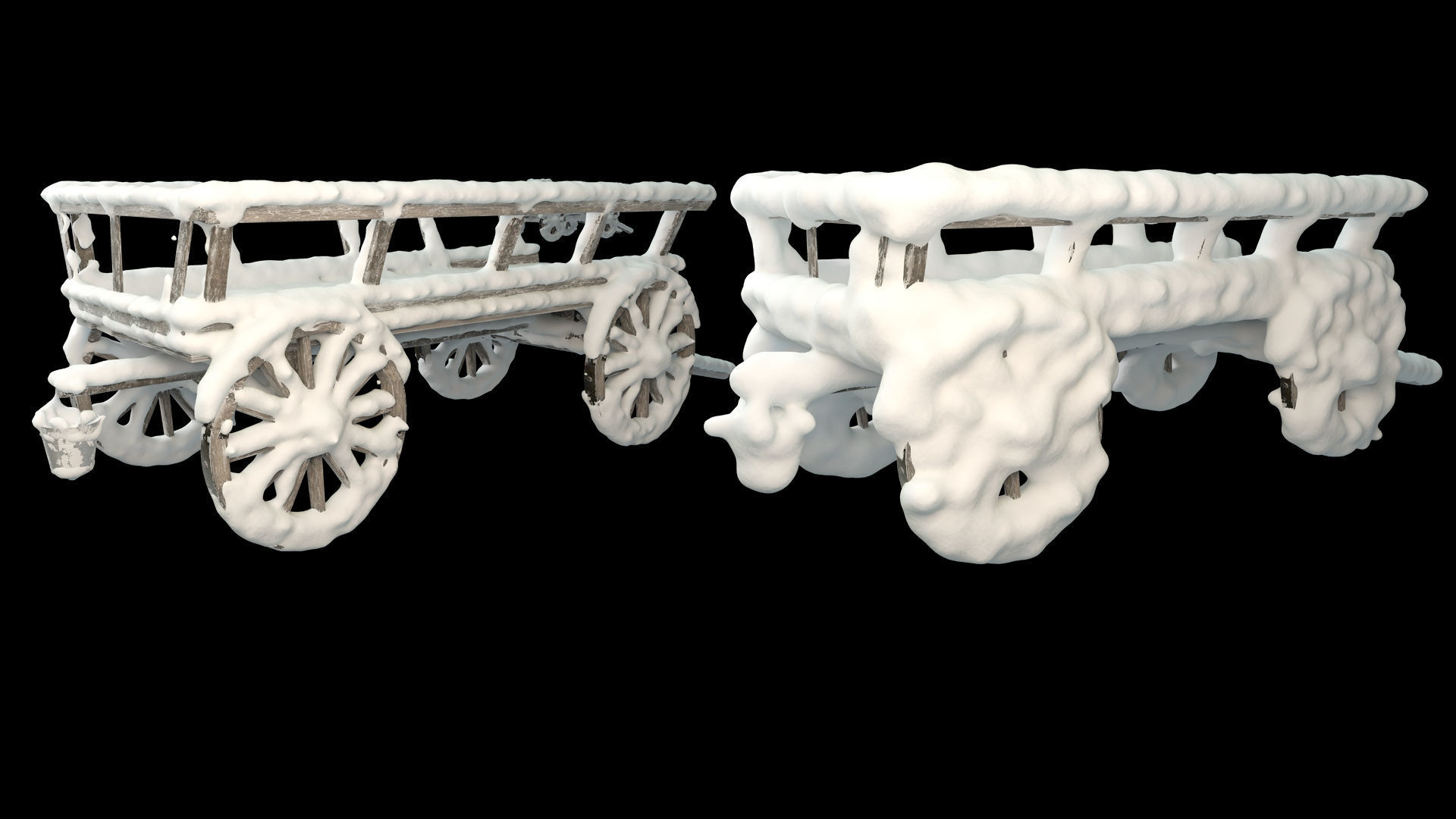 Wooden cart covered with snow 01 3D model_2