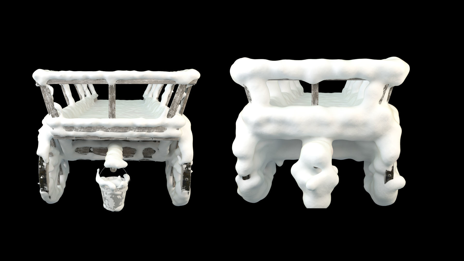 Wooden cart covered with snow 01 3D model_4
