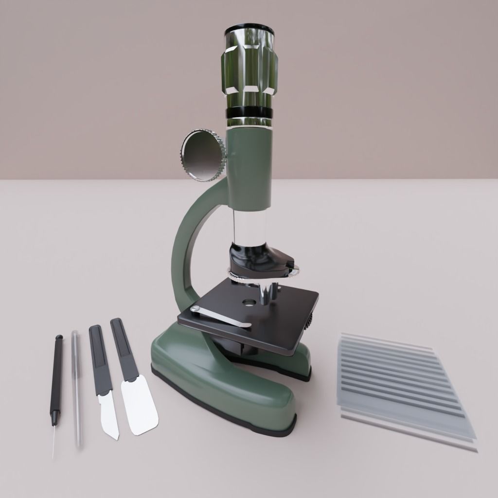 Rigged Microscope with Tools and plates 3D model_1
