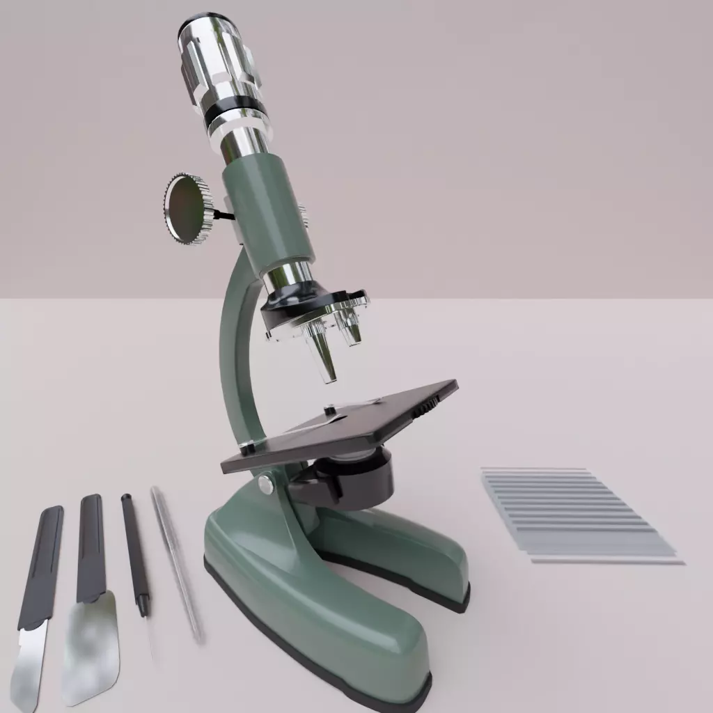 Rigged Microscope with Tools and plates 3D model_0