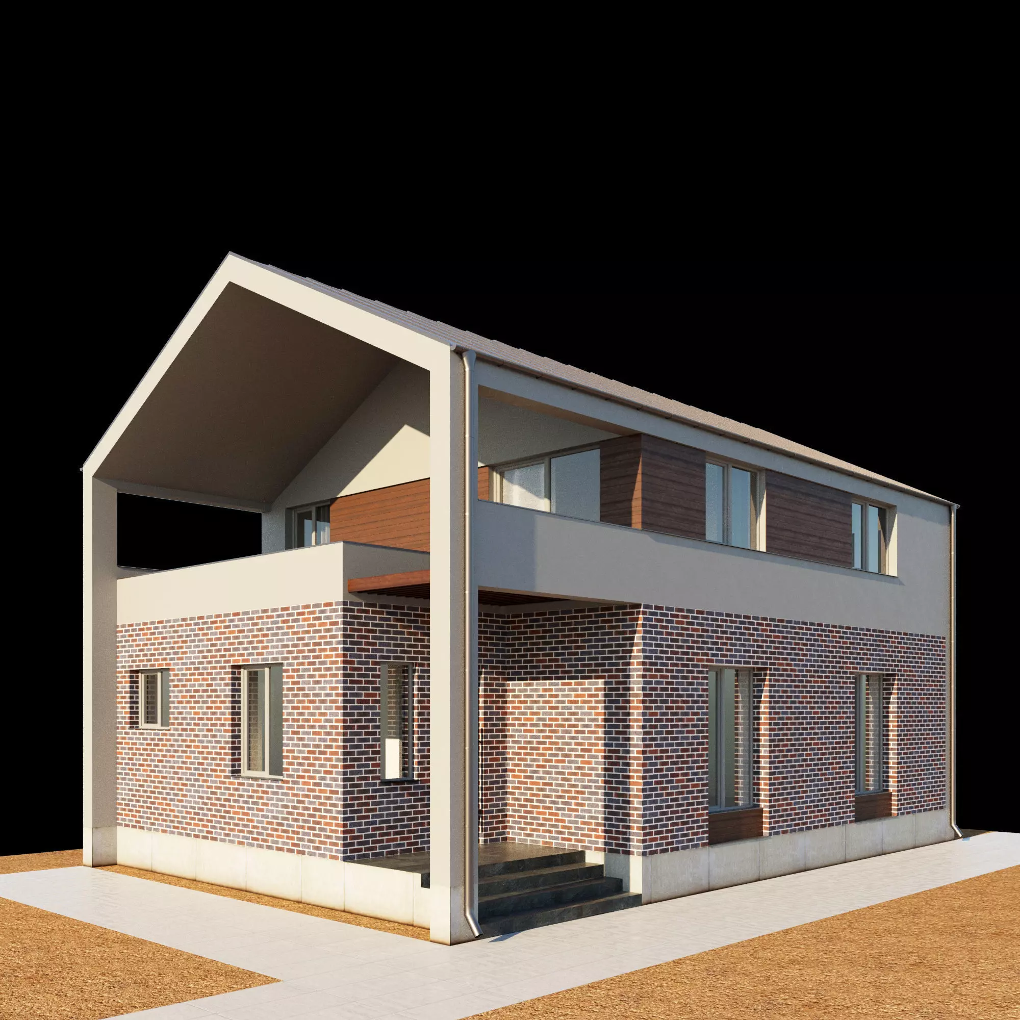 Modern brick and concrete house 2 story residential villa 3D model