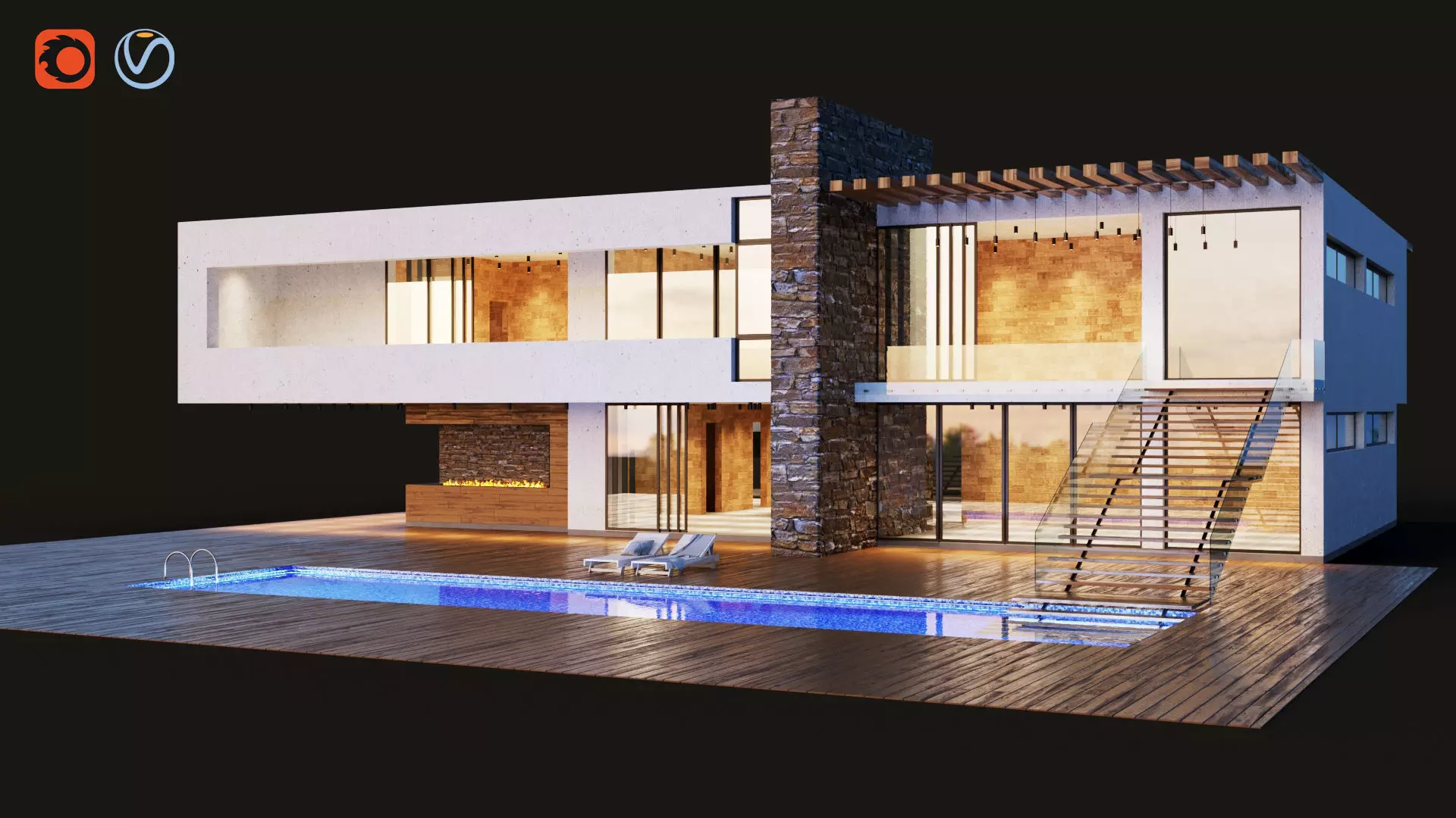 Modern villa with pool  3D model_0