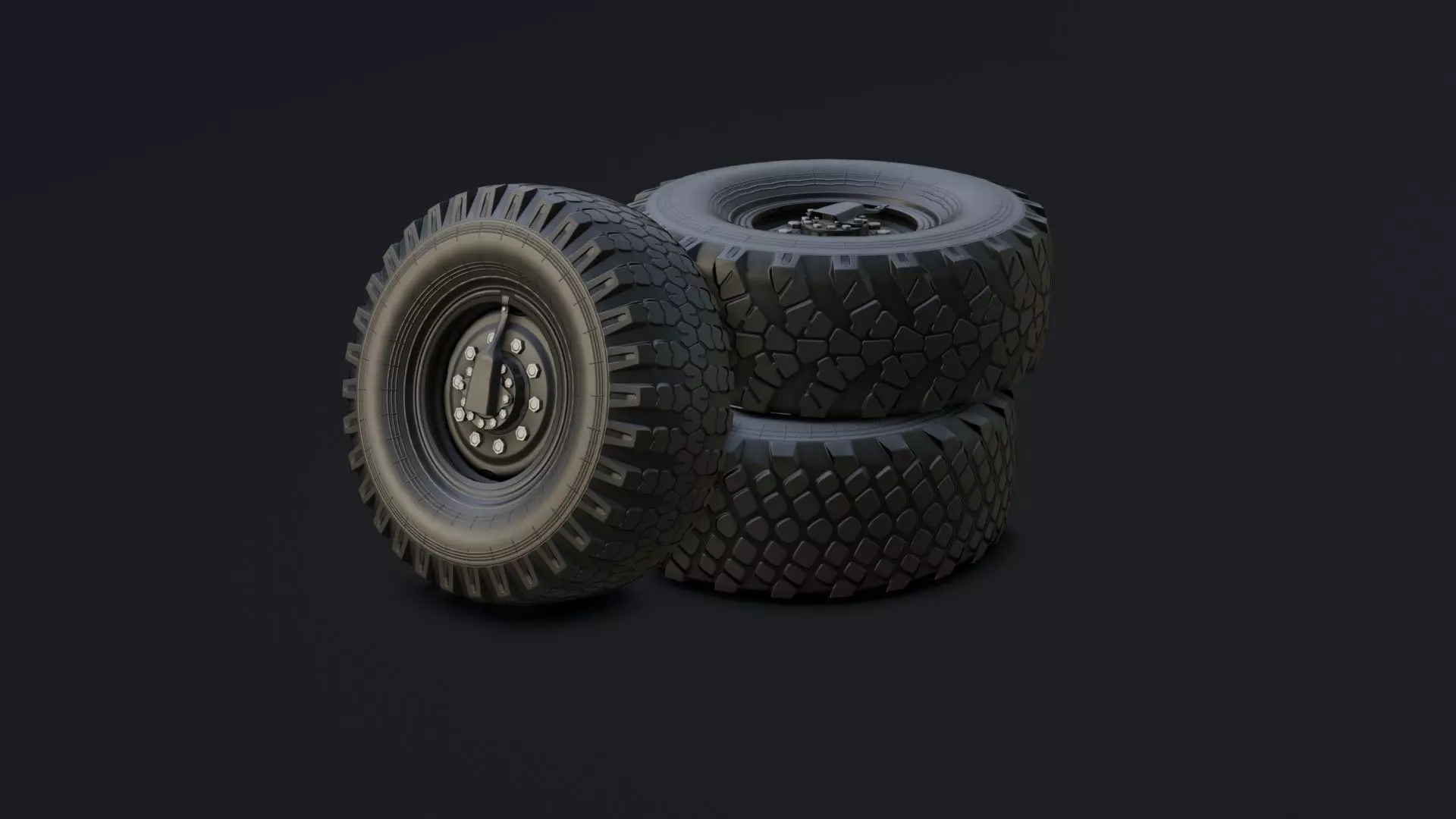 Off-road wheel and three types of tires for KAMAZ trucks Free low-poly 3D model_0