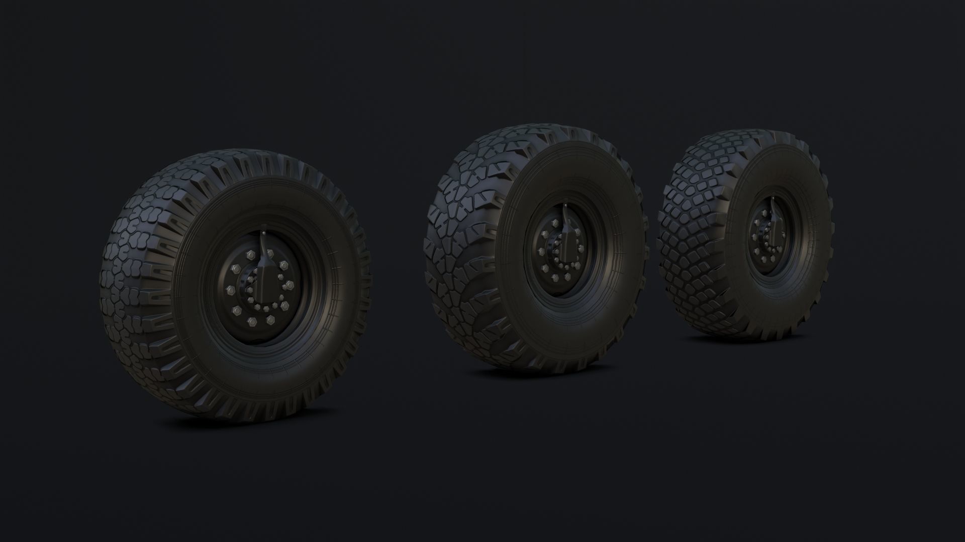 Off-road wheel and three types of tires for KAMAZ trucks Free low-poly 3D model_1