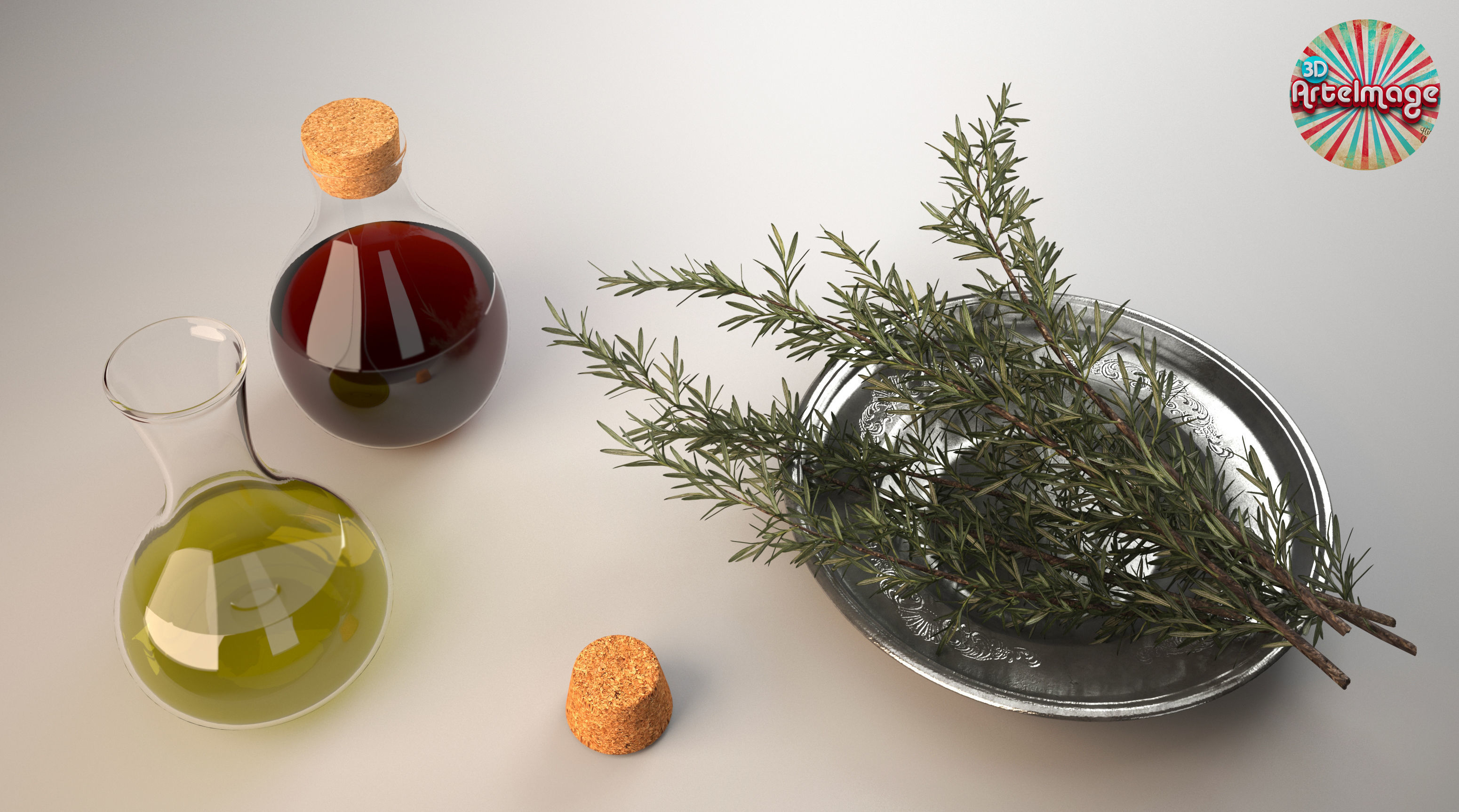 Olive oil and vinegar bottles with rosemary 3D model CGTrader