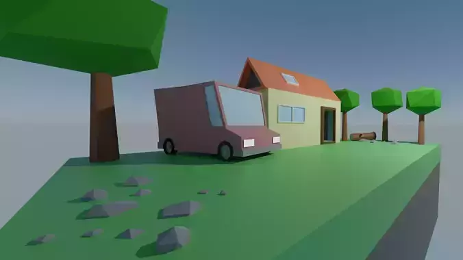 House LOW POLY on island with trees
