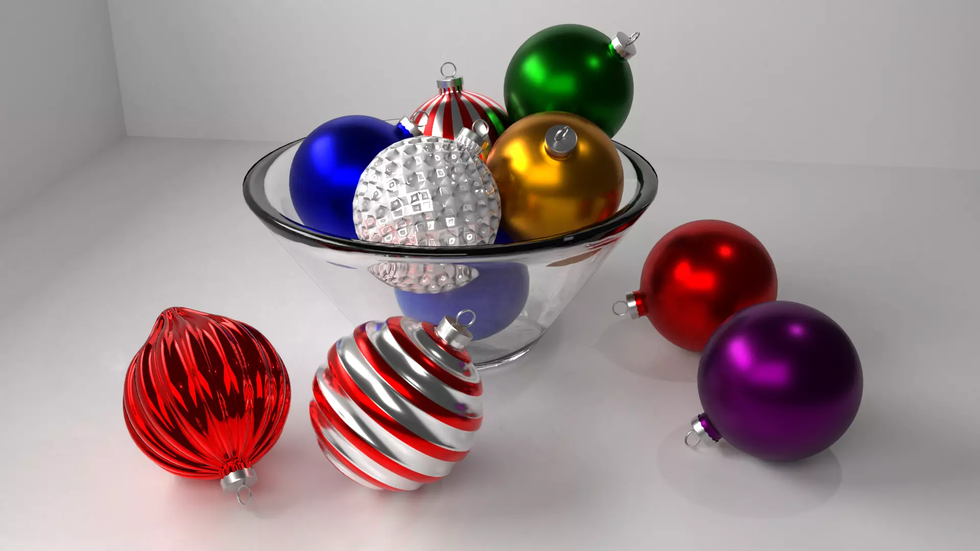 Multi-colored Christmas Ornament Balls in a Bowl 3D model