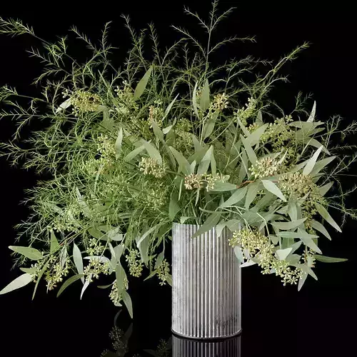 Eucalyptus bouquet of flowers in metal container