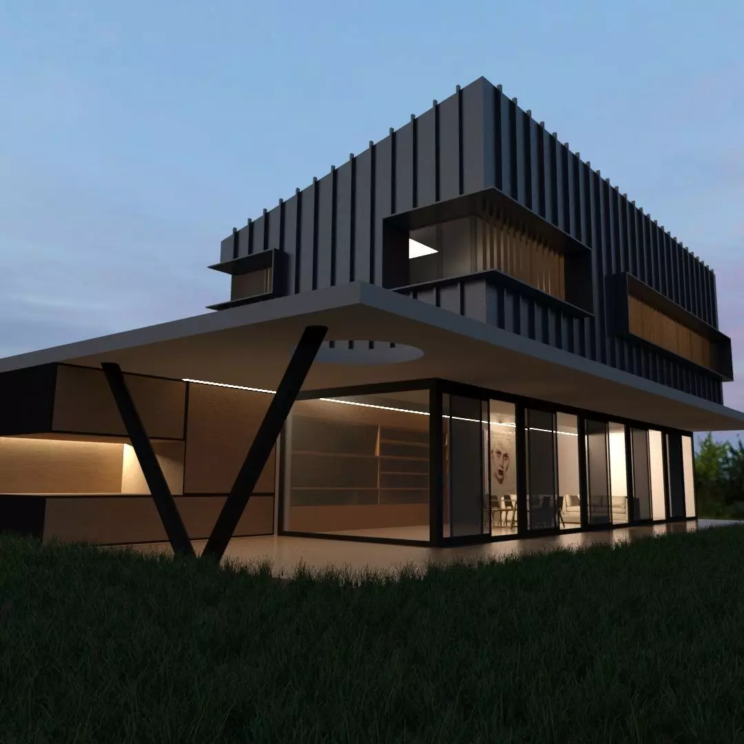 Night Exterior architecture grassy ground 3D model