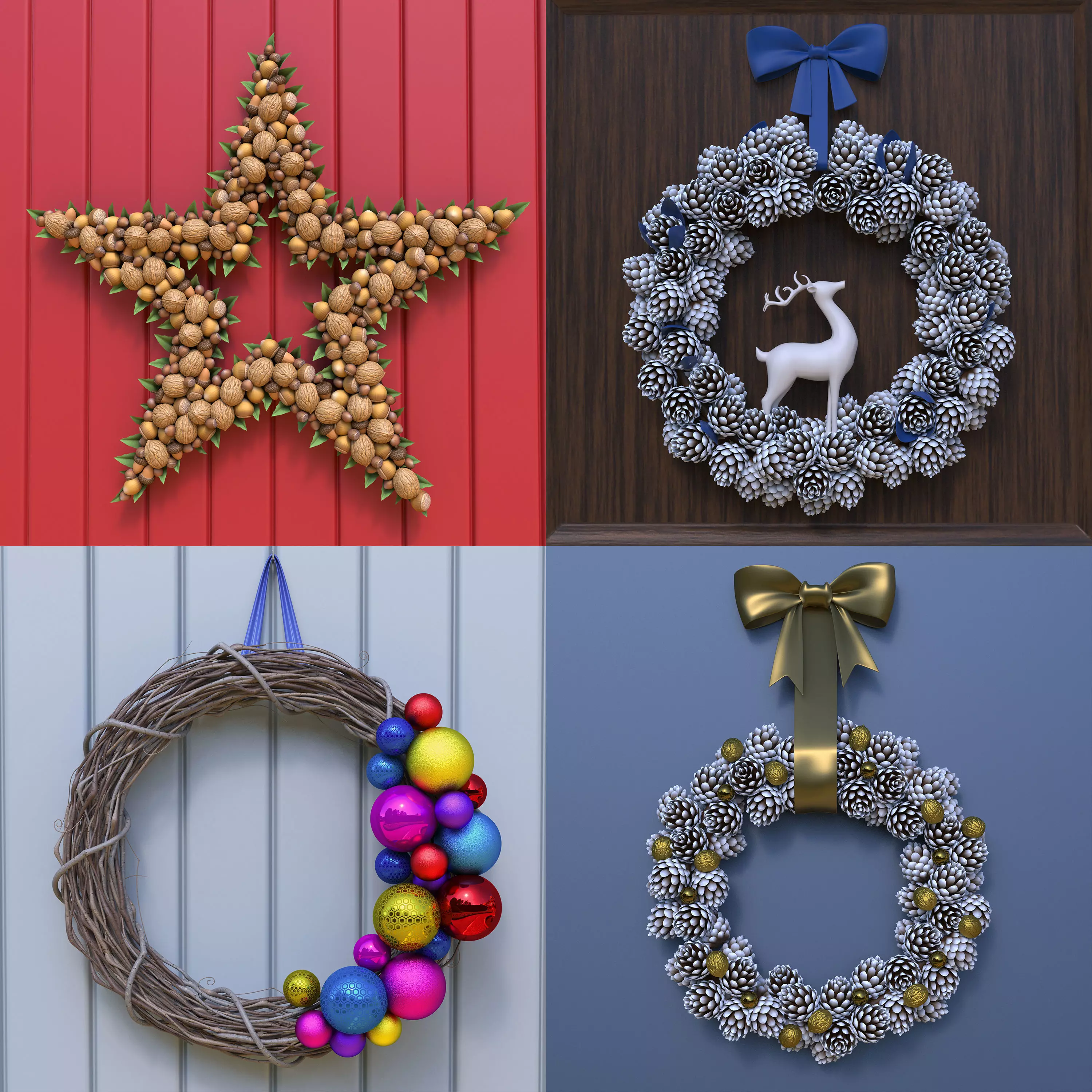 Wreath Collection christmas with pine cones and gold ornaments 3D model_0