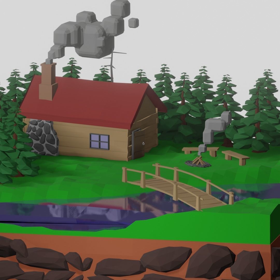 low poly isometric forrest hut Low-poly 3D model_1