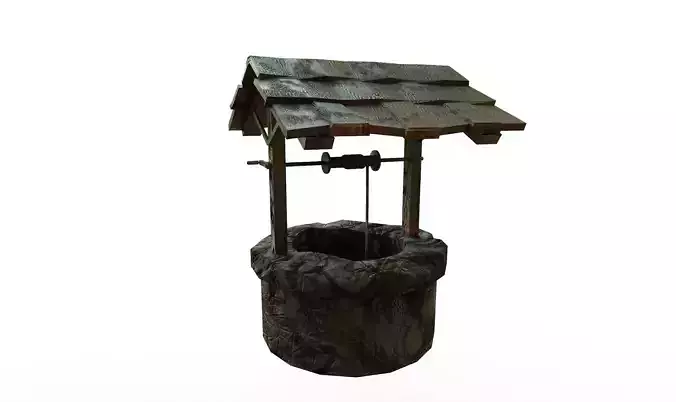 waterwall water well with wooden roof Low-poly 3D model