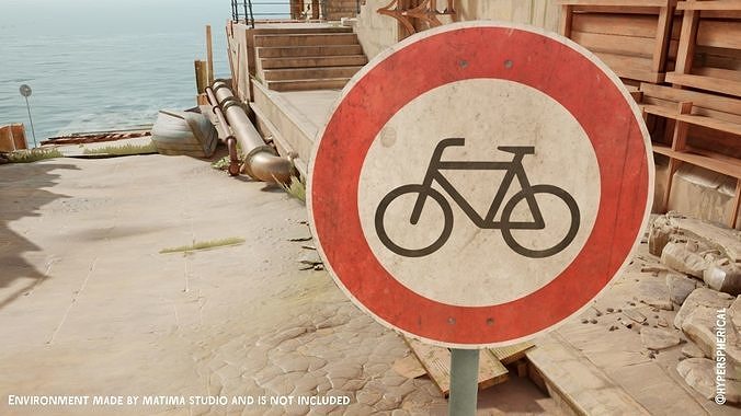Lowpoly CITY TRAFFIC STREET SIGN No Bicycles VR AR Games 3D PBR  Low-poly 3D model 3