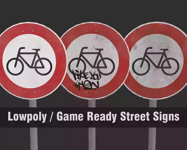 Lowpoly CITY TRAFFIC STREET SIGN No Bicycles VR AR Games 3D PBR  Low-poly 3D model