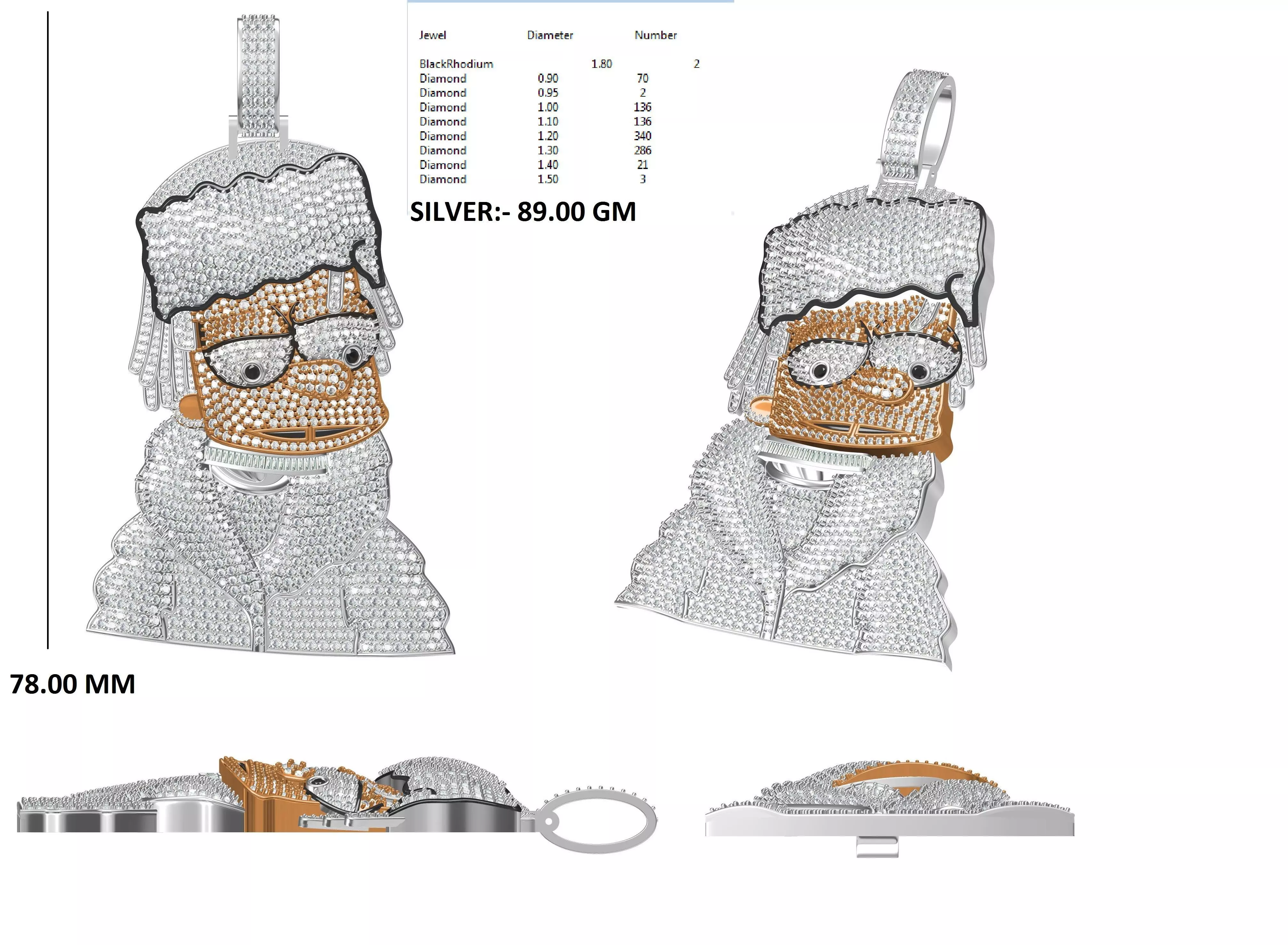 Hip Hop Style Diamond Cartoon Face Fine Pendant Wiz Khalifa 3D model_0