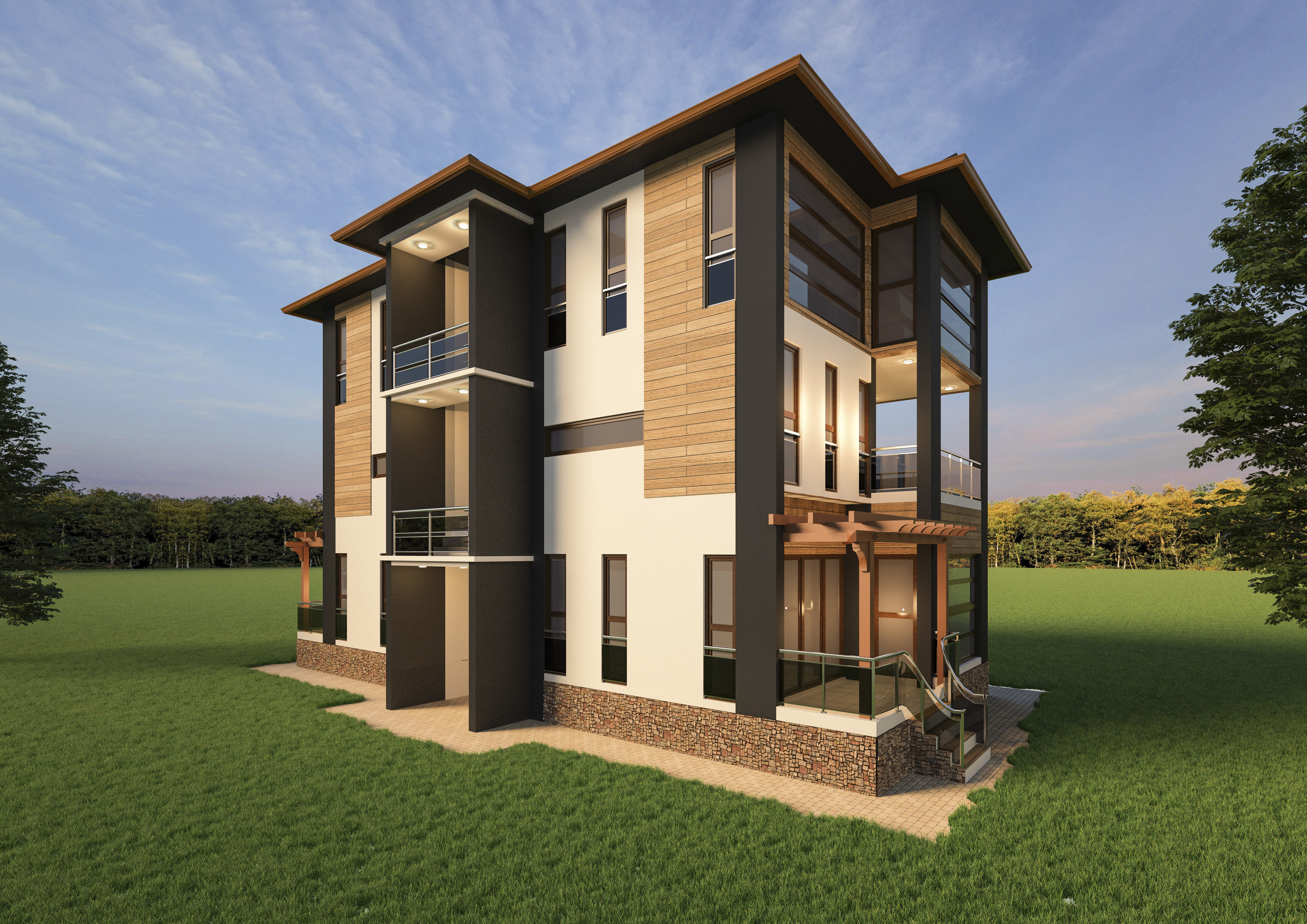 Realistic House two story in middle of grassy field 3D model_1