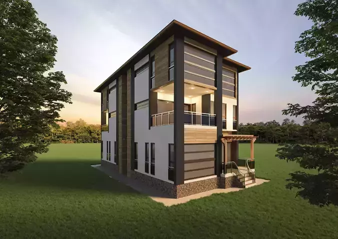 Realistic House two story in middle of grassy field