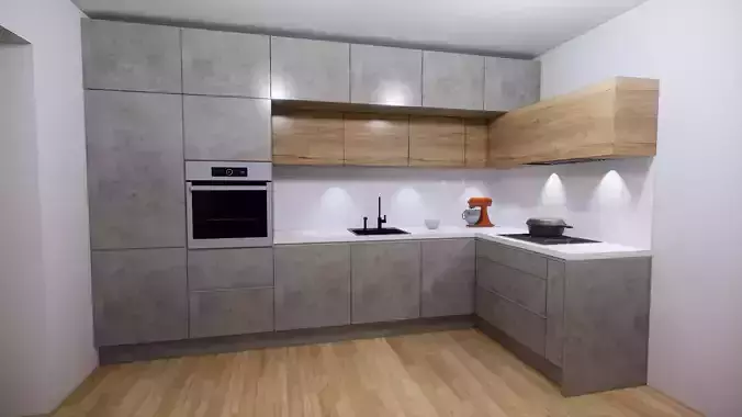 modern kitchen and tv set oak  concrete decor