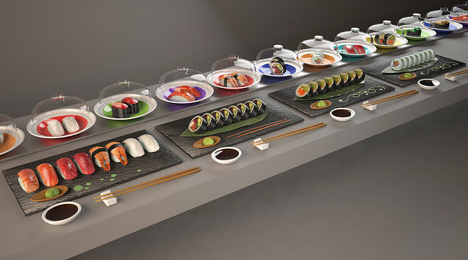 sushi belt Kaitenzushi and dishes Giapan seafood Low-poly 3D model 2