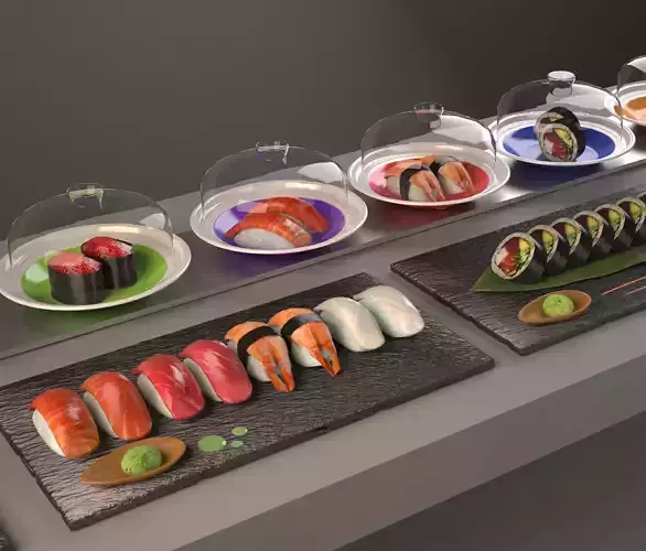sushi belt Kaitenzushi and dishes Giapan seafood Low-poly 3D model