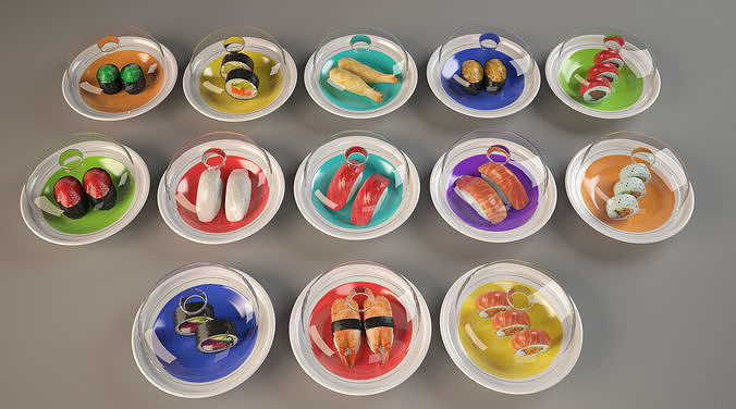 sushi belt Kaitenzushi and dishes Giapan seafood Low-poly 3D model 3