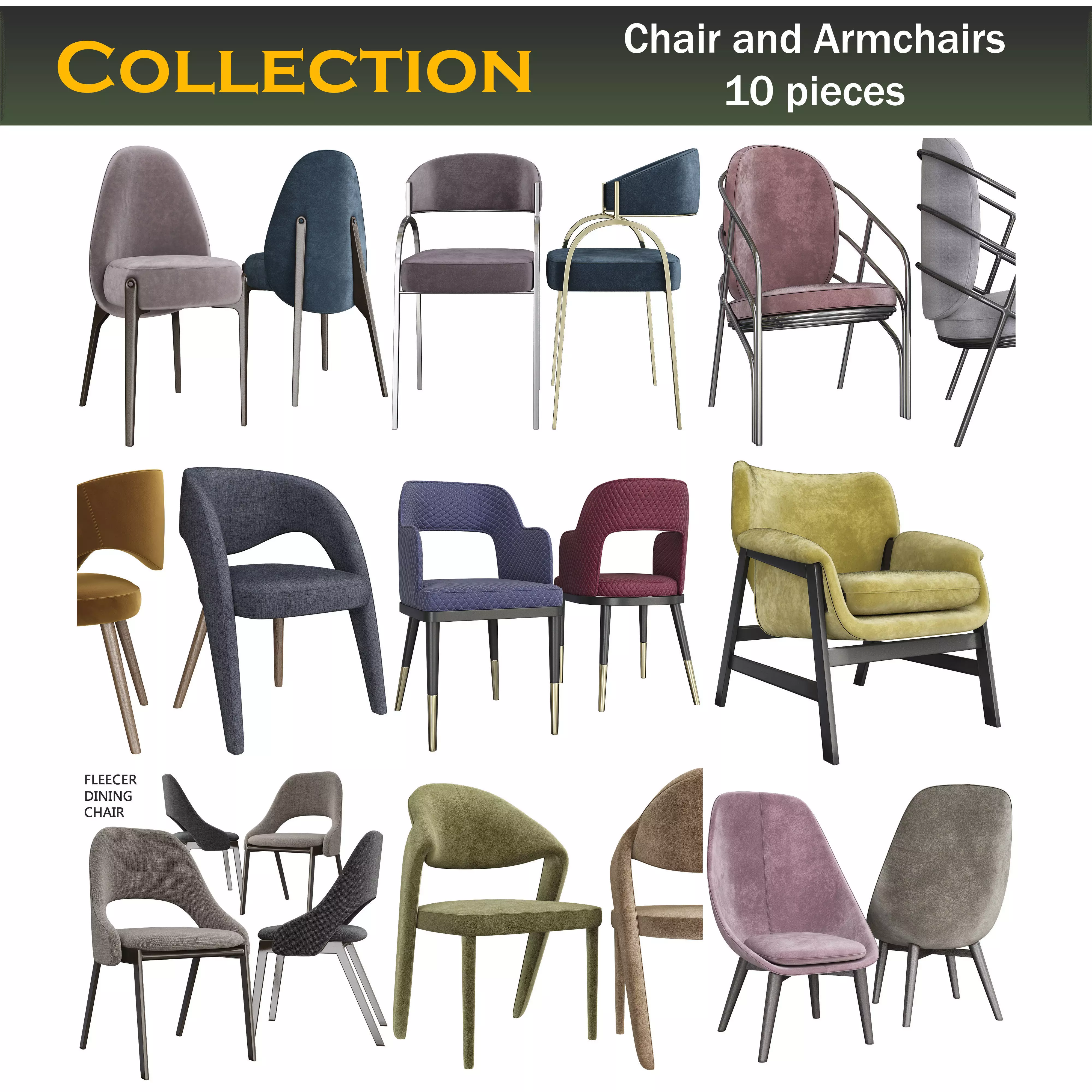 Chair and Armchairs 3d model collection 10 pieces Low-poly 3D model_0