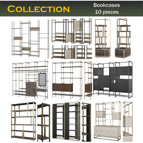Bookcases 3d model collection 10 pieces Low-poly 3D model