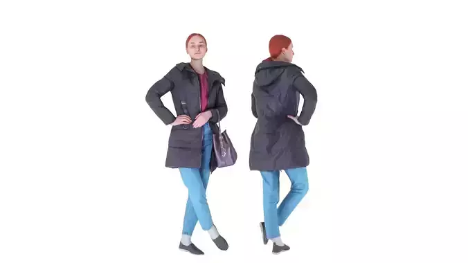 Redhead woman in a black jacket with a bag 98